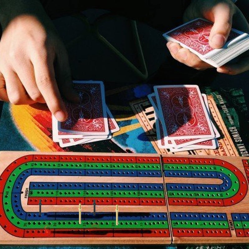 FUNPENY Traditional Wooden Cribbage Board Game Set, 3-Track Color Coded with Metal Pegs and Deck of Playing Cards - Image 3